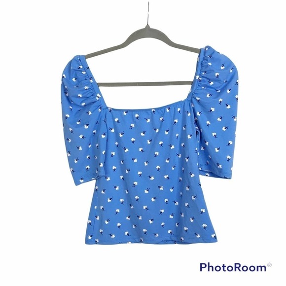 Socialite blue floral puff sleeve square neckline blouse size S - Picture 2 of 6
